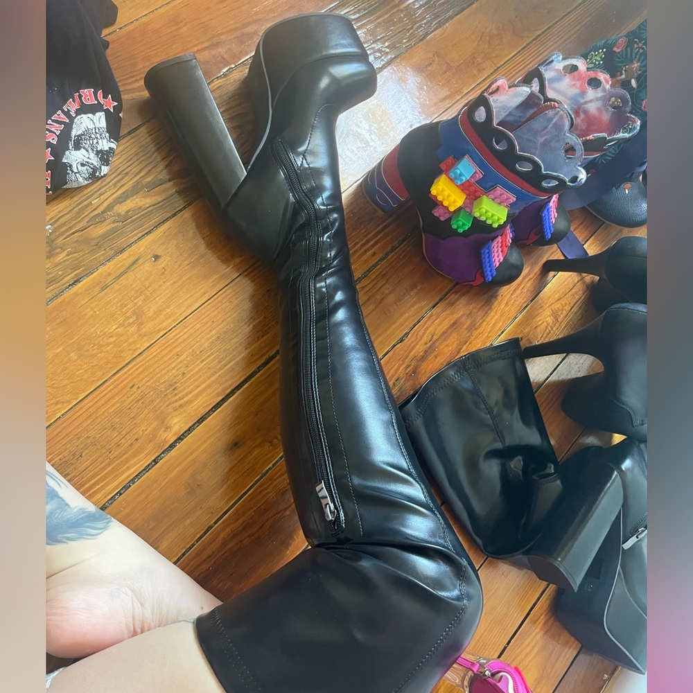 Black pleather thigh high boots size 38
